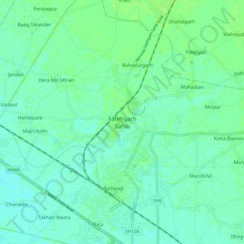 Mapa topográfico Fatehgarh Sahib, altitud, relieve