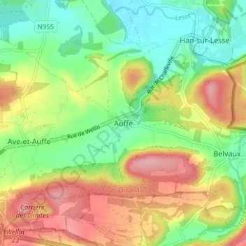 Mapa topográfico Auffe, altitud, relieve