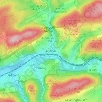 Mapa topográfico Nuttlar, altitud, relieve