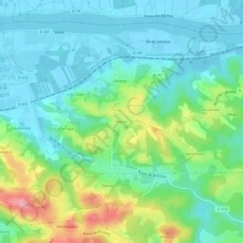 Mapa topográfico Irigoïn, altitud, relieve