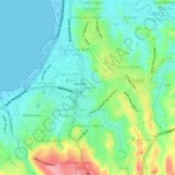 Mapa topográfico Wanea, altitud, relieve