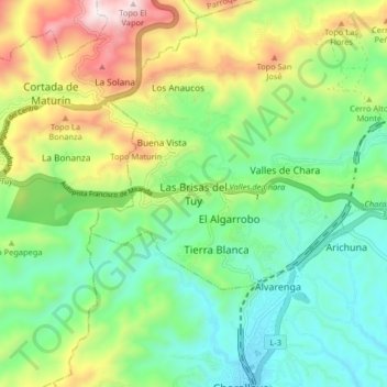 Mapa topográfico Las Brisas del Tuy, altitud, relieve