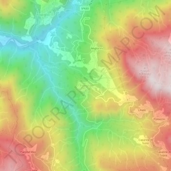Mapa topográfico Piteglio, altitud, relieve