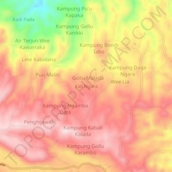 Mapa topográfico Kali Ngara, altitud, relieve