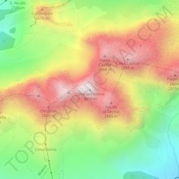 Mapa topográfico Cima dell'Uomo, altitud, relieve