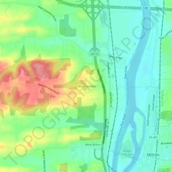 Mapa topográfico New Columbia, altitud, relieve
