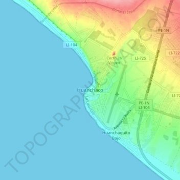 Mapa topográfico Huanchaco, altitud, relieve