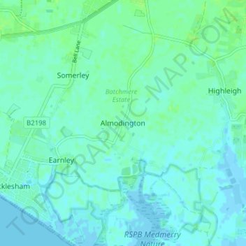 Mapa topográfico Almodington, altitud, relieve