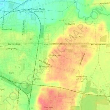 Mapa topográfico Meadow Lane, altitud, relieve