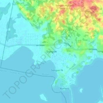 Mapa topográfico Songon, altitud, relieve