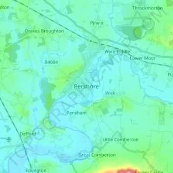 Mapa topográfico Pershore, altitud, relieve
