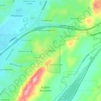 Mapa topográfico Shadywood, altitud, relieve