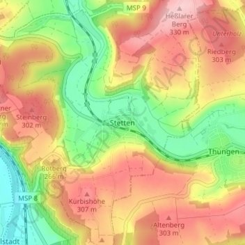 Mapa topográfico Stetten, altitud, relieve