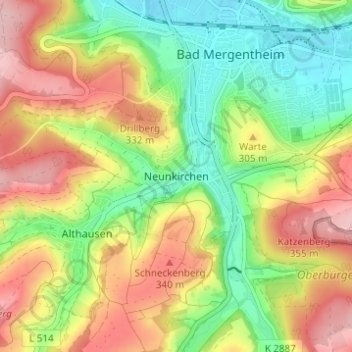Mapa topográfico Neunkirchen, altitud, relieve
