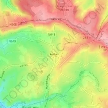 Mapa topográfico Aubel, altitud, relieve