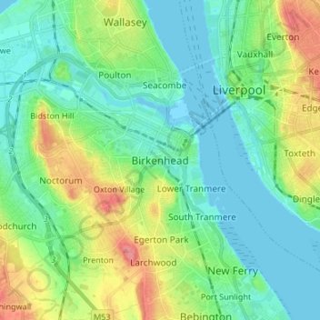 Mapa topográfico Birkenhead, altitud, relieve