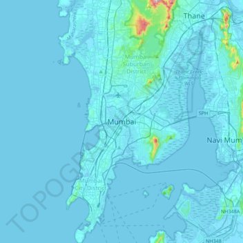 Mapa topográfico Mumbai, altitud, relieve