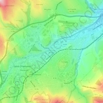 Mapa topográfico Saint-Julien-en-Jarez, altitud, relieve