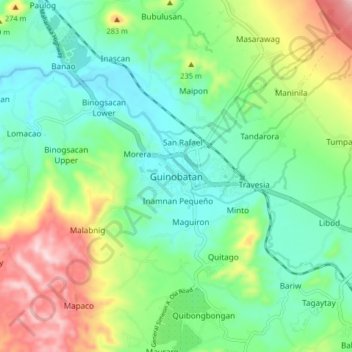Mapa topográfico Guinobatan, altitud, relieve