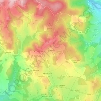 Mapa topográfico Les Martys, altitud, relieve