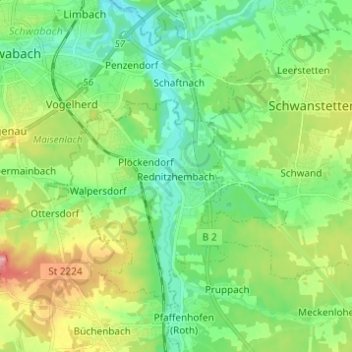 Mapa topográfico Rednitzhembach, altitud, relieve