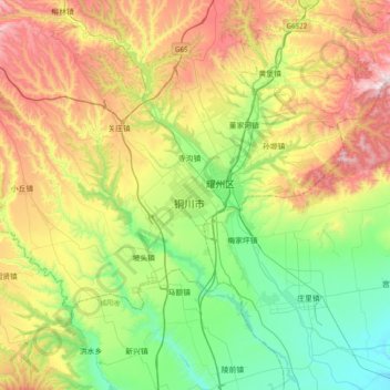 Mapa topográfico 铜川市, altitud, relieve