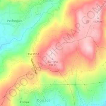 Mapa topográfico Borrelho, altitud, relieve