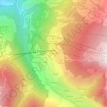 Mapa topográfico Les Bornes, altitud, relieve