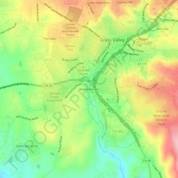 Mapa topográfico Boston Ravine, altitud, relieve