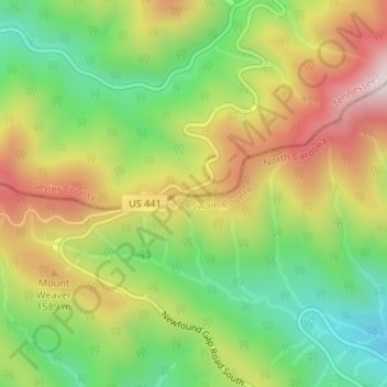 Mapa topográfico Newfound Gap Overlook, altitud, relieve