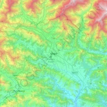 Mapa topográfico Pokhara, altitud, relieve