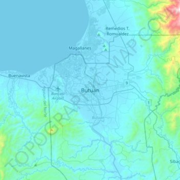 Mapa topográfico Butuan, altitud, relieve