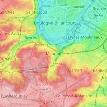 Mapa topográfico Meudon, altitud, relieve