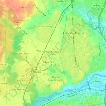 Mapa topográfico West Chesterfield Heights, altitud, relieve
