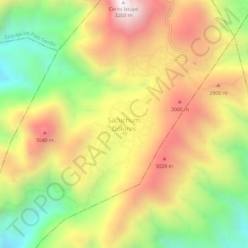 Mapa topográfico Sacuchum Dolores, altitud, relieve