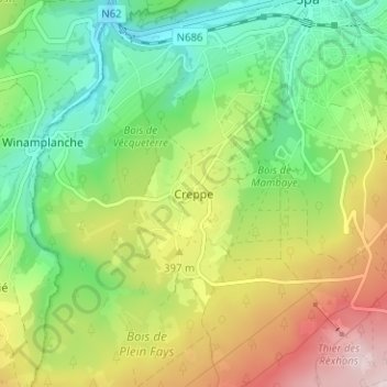 Mapa topográfico Creppe, altitud, relieve