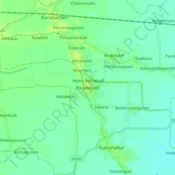 Mapa topográfico Podakkudi, altitud, relieve