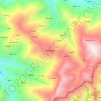Mapa topográfico Kiyarighat, altitud, relieve