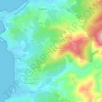 Mapa topográfico Alzone, altitud, relieve