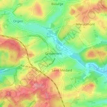 Mapa topográfico Gribomont, altitud, relieve