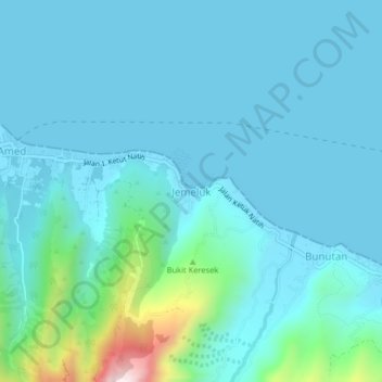 Mapa topográfico Jemeluk, altitud, relieve