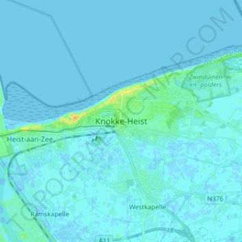 Mapa topográfico Knokke-Heist, altitud, relieve