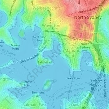 Mapa topográfico Berrys Bay, altitud, relieve