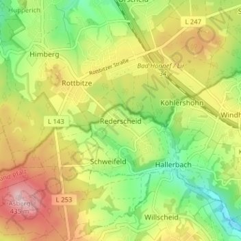 Mapa topográfico Rederscheid, altitud, relieve