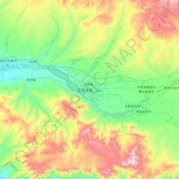 Mapa topográfico 尼勒克县, altitud, relieve