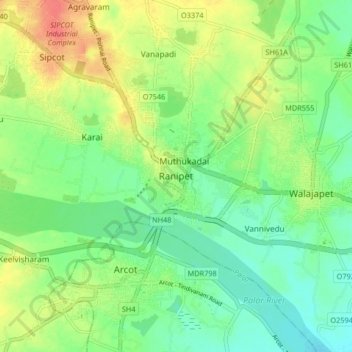 Mapa topográfico Ranipet, altitud, relieve