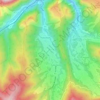 Mapa topográfico Fuilla del Mitg, altitud, relieve