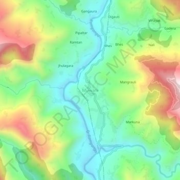 Mapa topográfico Muwani, altitud, relieve