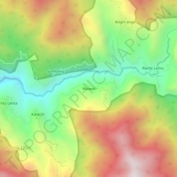Mapa topográfico Waiwai, altitud, relieve