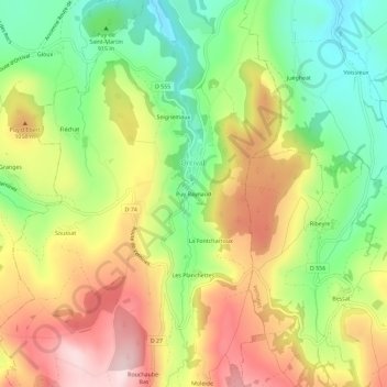 Mapa topográfico Puy Raynaud, altitud, relieve